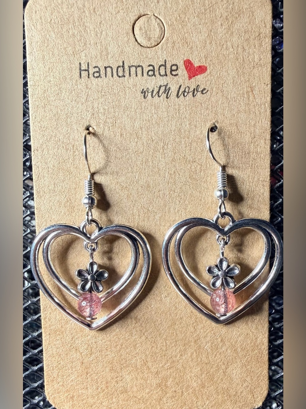 Handmade Silver Heart Earrings with Pink Bead and Flower Accent